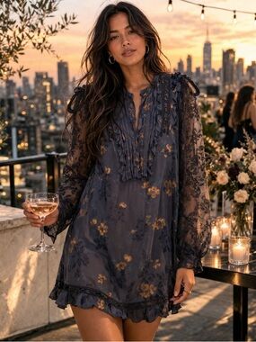 Coach Floral Silk Dress Grey Lace Sleeve Mini Size 2 Romantic Boho Dark Romantic